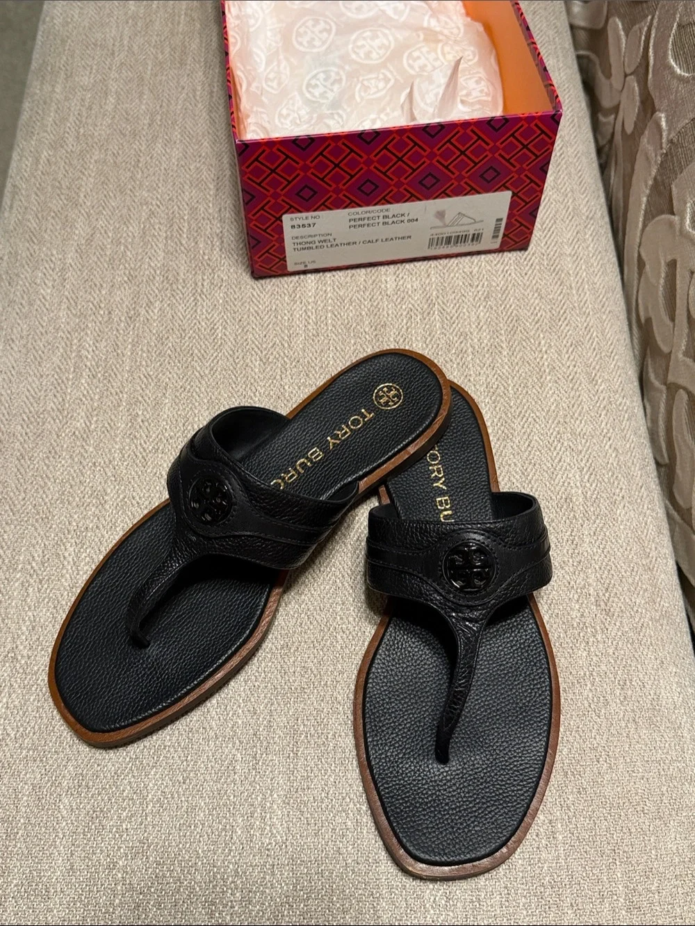 Tory Burch Black Leather Thong Sandals with Brown Trim